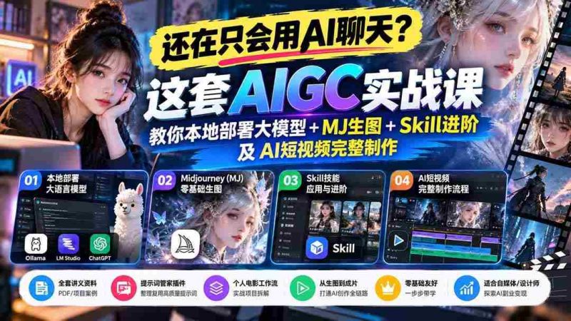(21135期)【无水印】还在只会用AI聊天?这套AIGC实战课教你本地部署大模型+MJ生图+Skill进阶及AI短视频完整制作