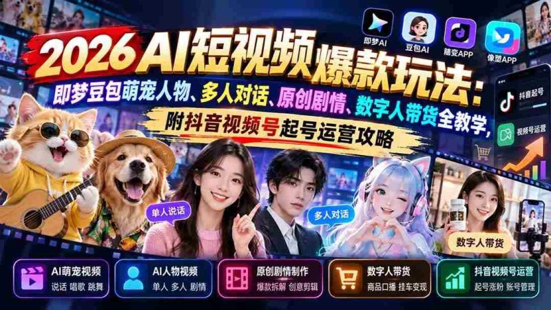 （21126期）2026AI短视频爆款玩法：即梦豆包萌宠人物、多人对话、原创剧情、数字人带货全教学，附抖音视频号起号运营攻略