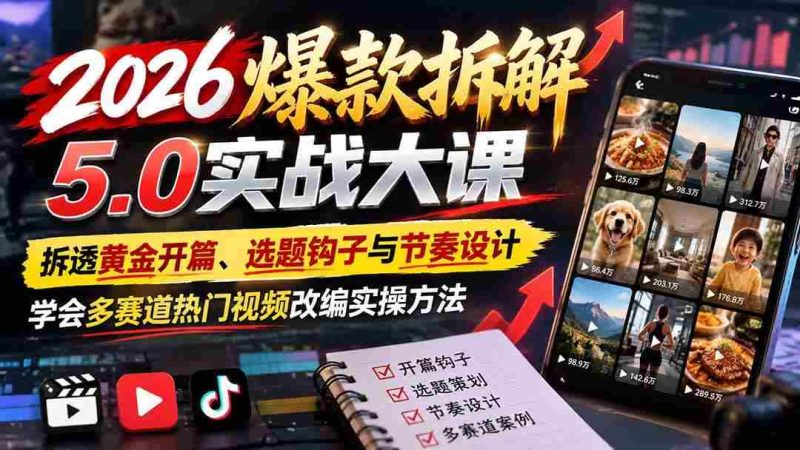 （21110期）2026爆款拆解5.0实战大课：拆透黄金开篇、选题钩子与节奏设计，学会多赛道热门视频改编实操方法