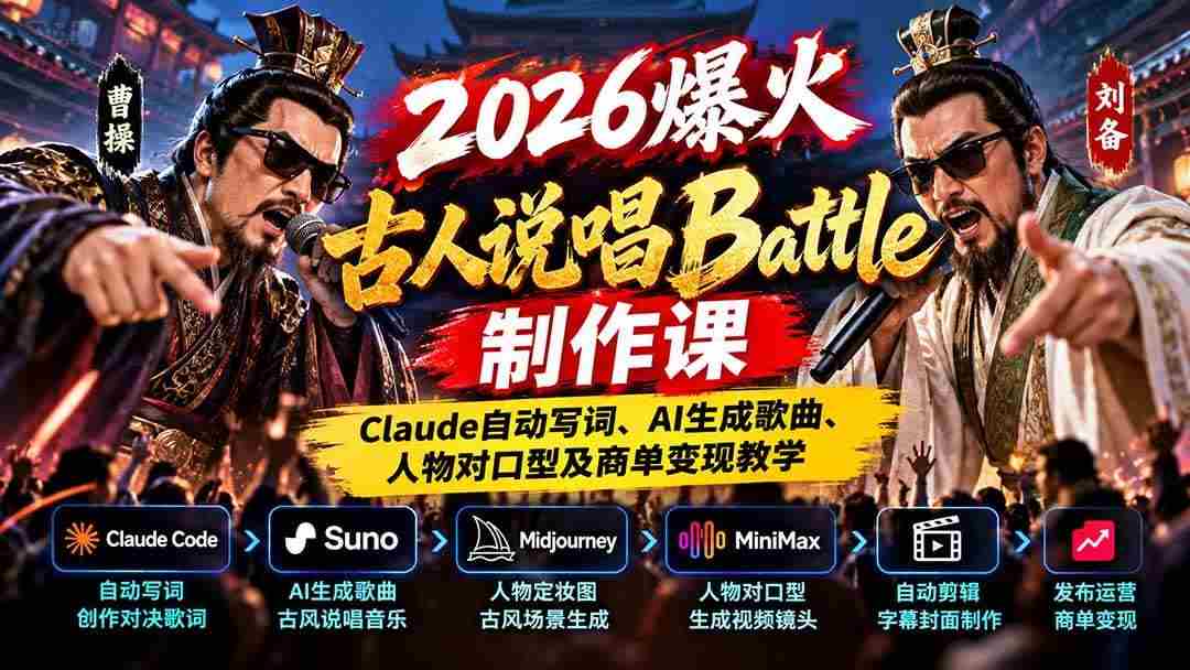 (21059期)2026爆火古人说唱Battle制作课:Claude自动写词、AI生成歌曲、人物对口型及商单变现教学