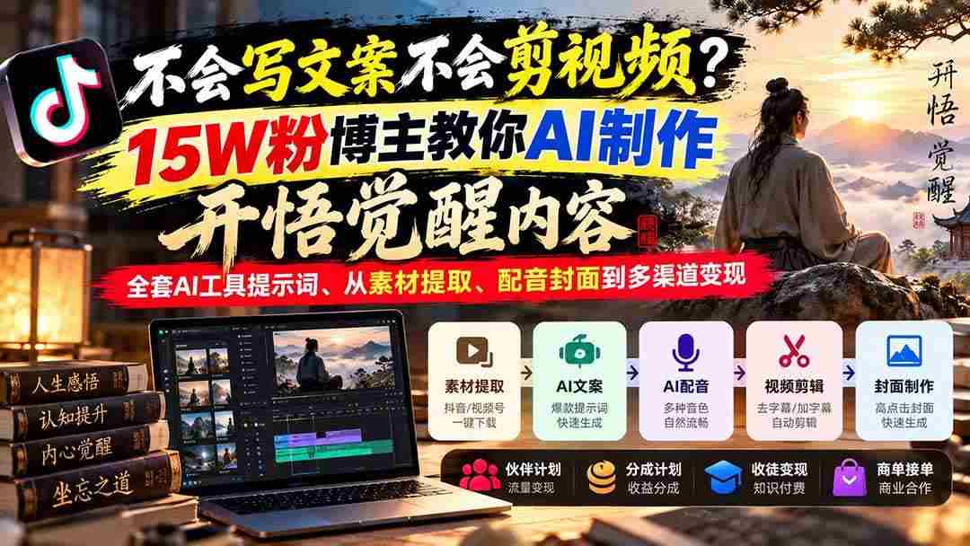 (21085期)不会写文案不会剪视频?15W粉博主教你AI制作开悟觉醒内容,全套AI工具提示词、从素材提取、配音封面到多渠道变现