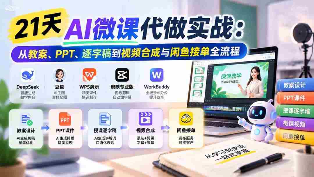 (21065期)21天AI微课代做实战:从教案、PPT、逐字稿到视频合成与闲鱼接单全流程