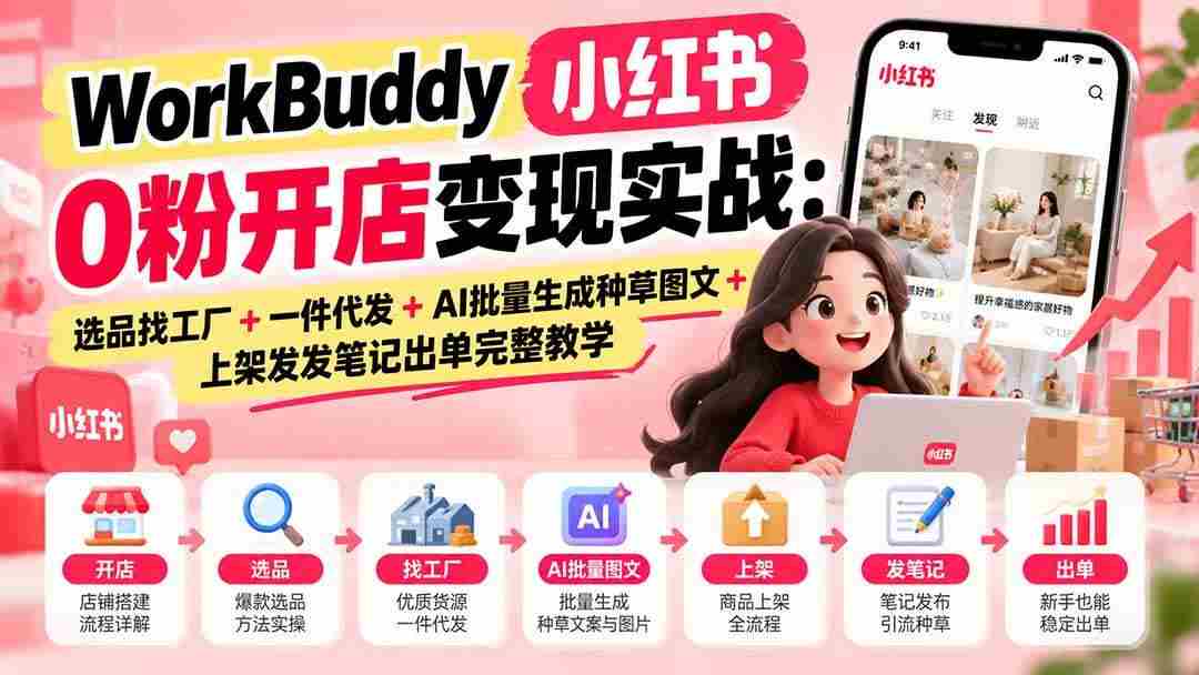 （20801期）WorkBuddy小红书0粉开店变现实战：选品找工厂+一件代发+AI批量生成种草图文+上架发发笔记出单完整教学
