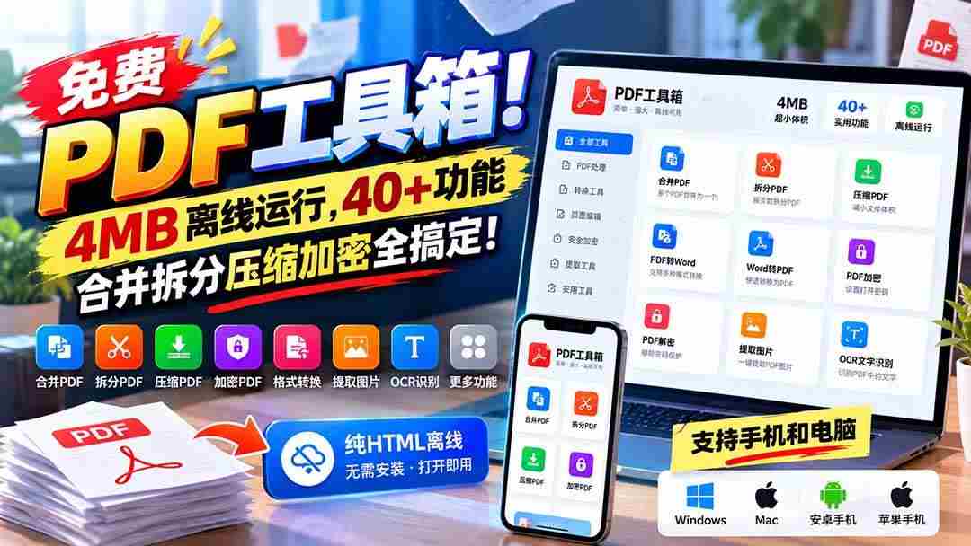 （21197期）免费PDF工具箱！4MB离线运行，40+功能，合并拆分压缩加密全搞定！