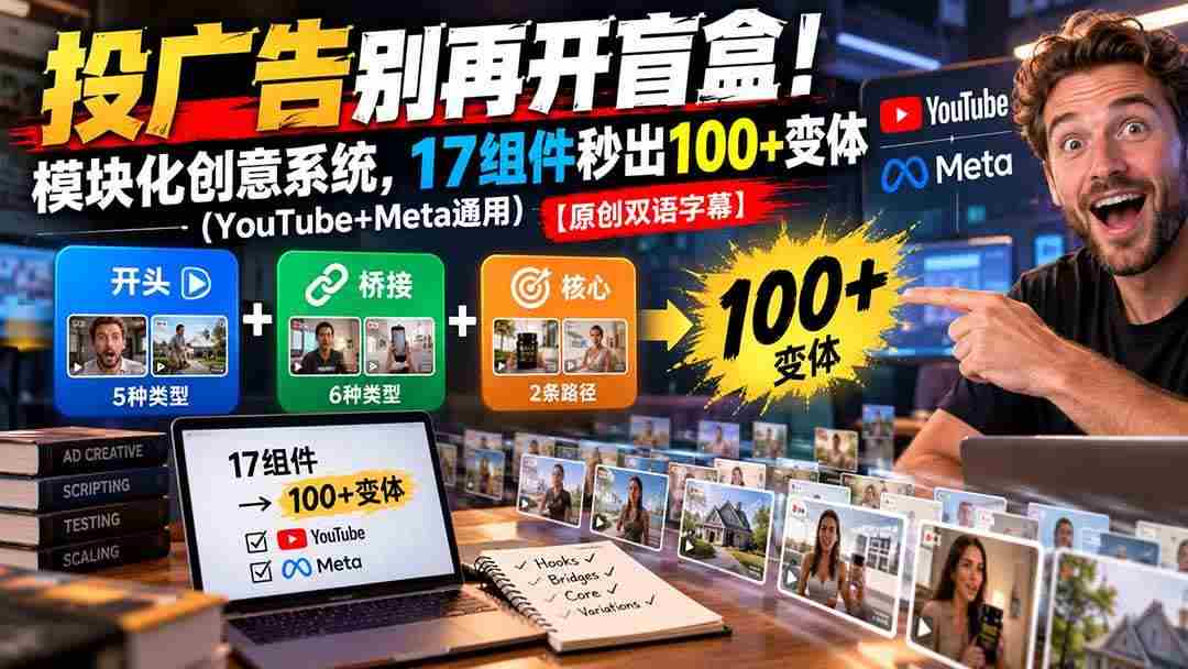 (20840期)投广告别再开盲盒!模块化创意系统,17组件秒出100+变体(YouTube+Meta通用)【原创双语字幕】