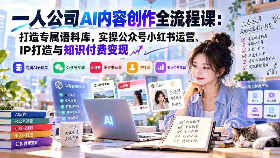 (20866期)一人公司AI内容创作全流程课:打造专属语料库,实操公众号小红书运营、IP打造与知识付费变现方法论