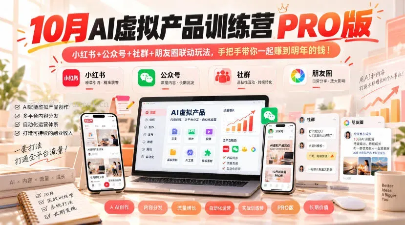 10月AI虚拟产品训练营PRO版,小红书+公众号+社群+朋友圈联动玩法,手把手带你一起赚到明年的钱!(更新1029)