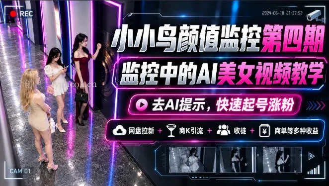 小小鸟颜值监控第四期,监控中的AI美女视频教学,去AI提示,快速起号涨粉,网盘拉新+商K引流+收徒+商单等多种收益