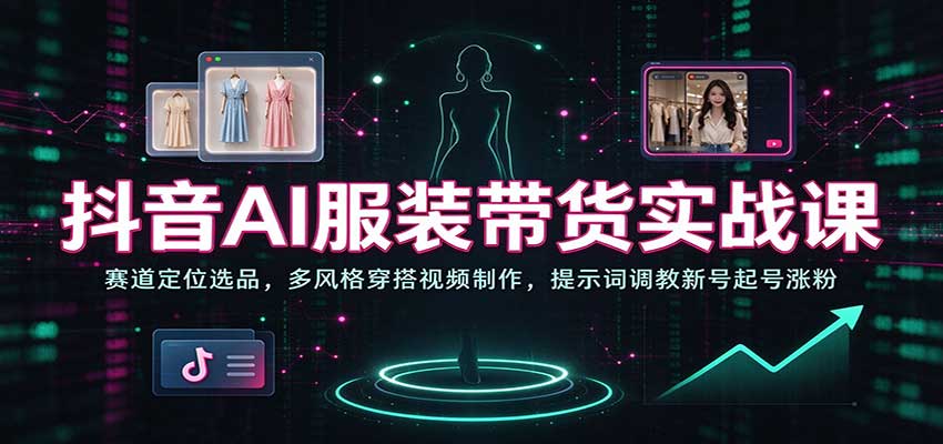 抖音AI服装带货实战课:赛道定位选品,多风格穿搭视频制作,提示词调教新号起号涨粉