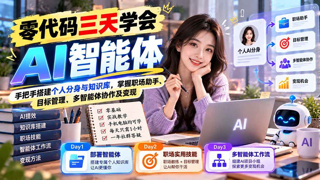 (20978期)【无水印】零代码三天学会AI智能体:手把手搭建个人分身与知识库,掌握职场助手、目标管理、多智能体协作及变现