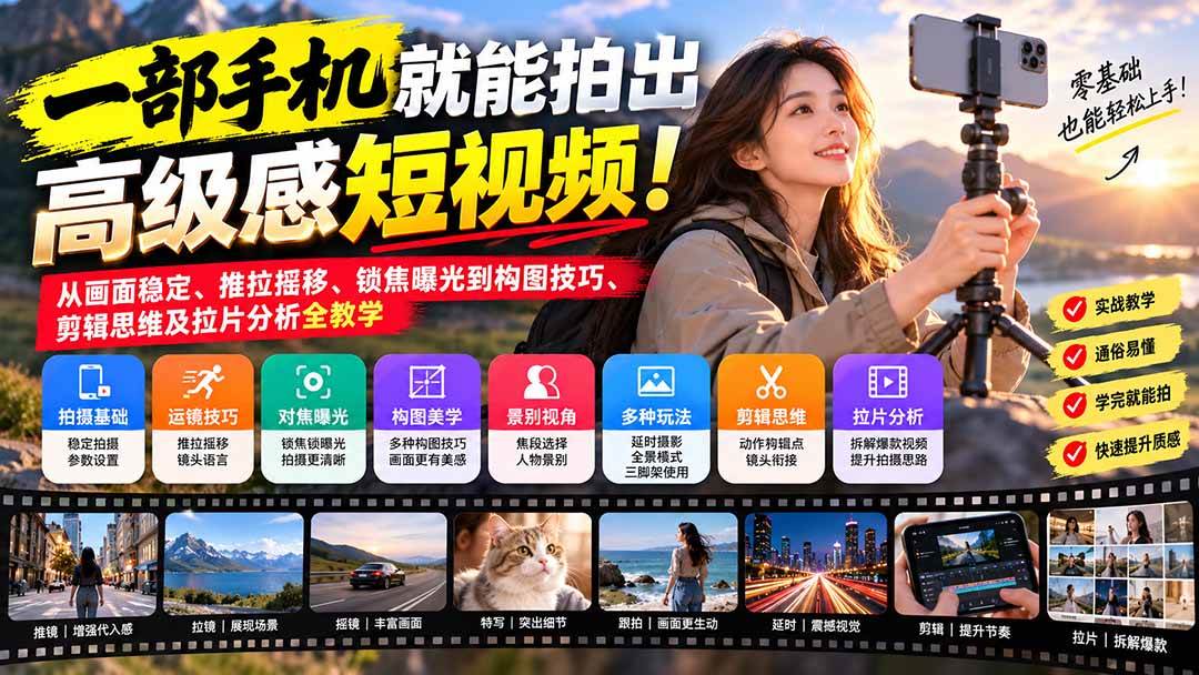 (21272期)一部手机就能拍出高级感短视频!从画面稳定、推拉摇移、锁焦曝光到构图技巧、剪辑思维及拉片分析全教学