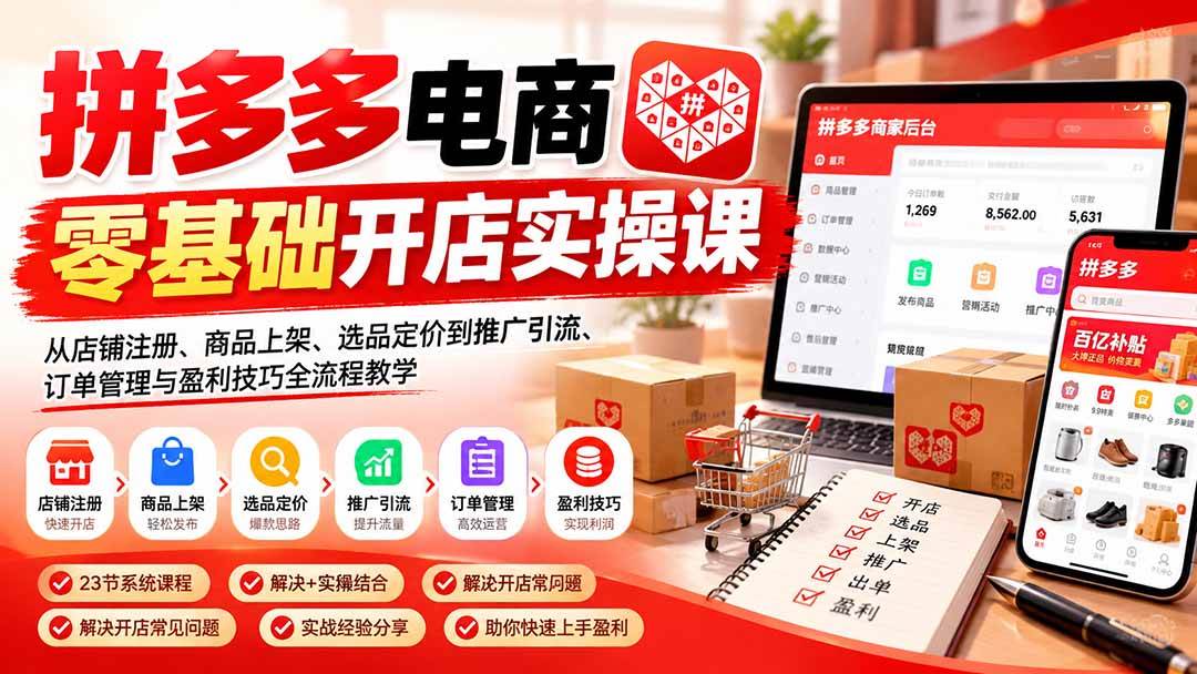 (21261期)拼多多电商零基础开店实操课:从店铺注册、商品上架、选品定价到推广引流、订单管理与盈利技巧全流程教学