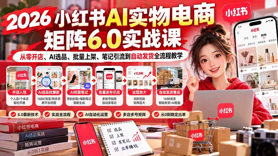 (21274期)2026小红书AI实物电商矩阵6.0实战课:从零开店、AI选品、批量上架、笔记引流到自动发货全流程教学
