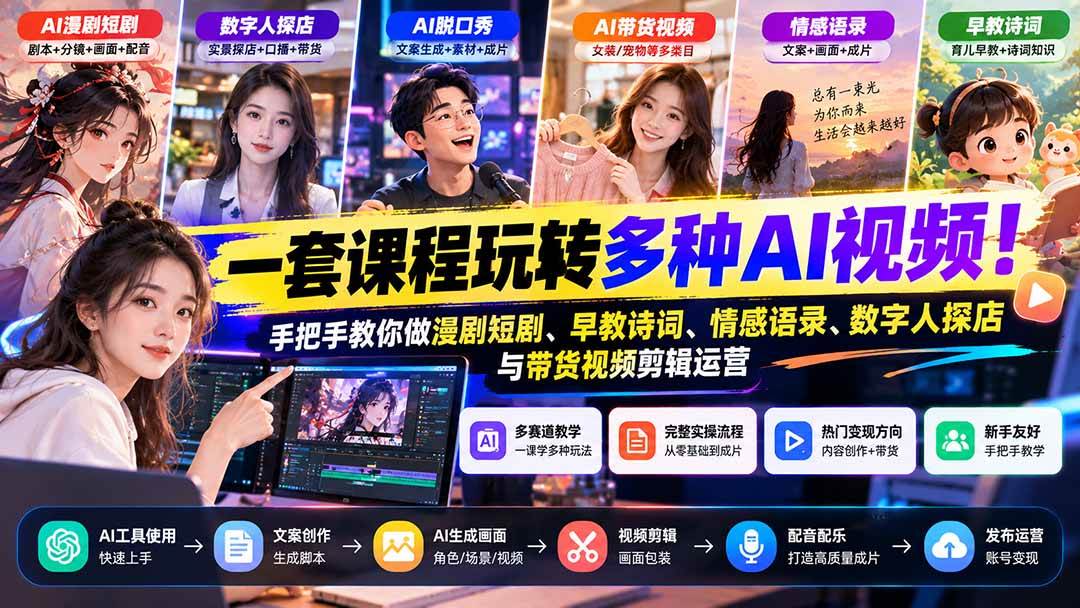 (21271期)【无水印】一套课程玩转多种AI视频!手把手教你做漫剧短剧、早教诗词、情感语录、数字人探店与带货视频剪辑运营