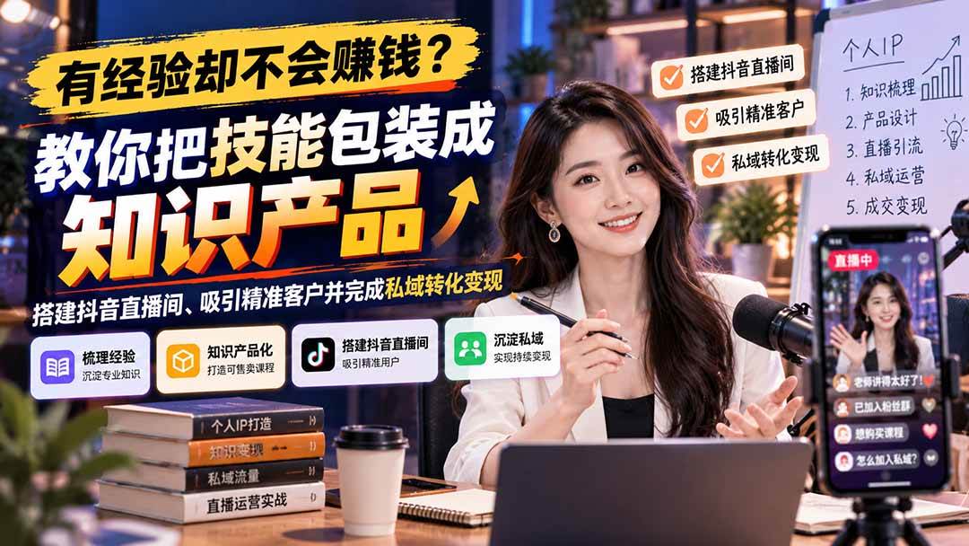 (21268期)有经验却不会赚钱?教你把技能包装成知识产品,搭建抖音直播间、吸引精准客户并完成私域转化变现