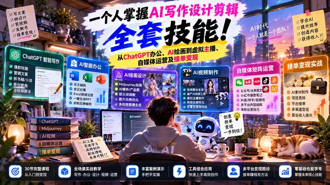 (21029期)一个人掌握AI写作设计剪辑全套技能:从ChatGPT办公、AI绘画到虚拟主播、自媒体运营及接单变现