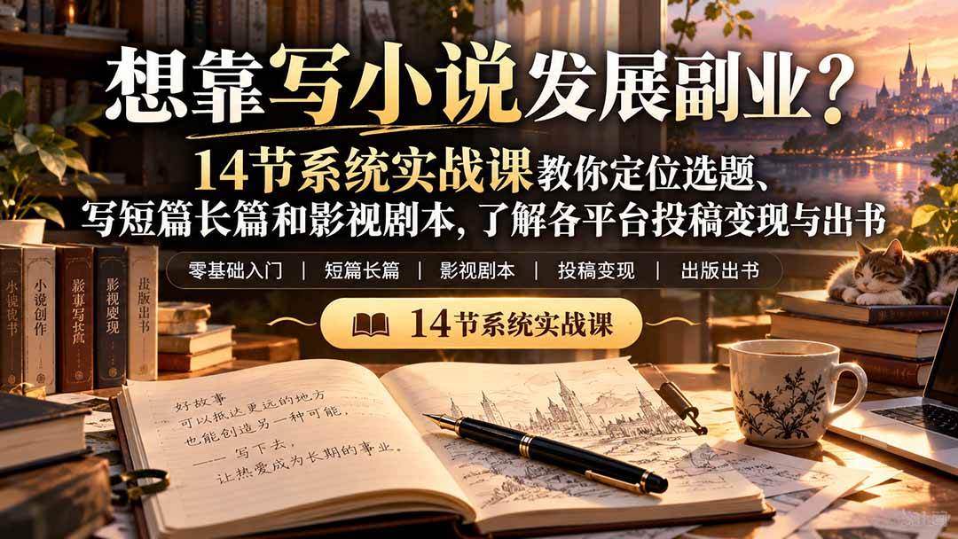 (21031期)【无水印】想靠写小说发展副业?14节系统实战课教你定位选题、写短篇长篇和影视剧本,了解各平台投稿变现与出书