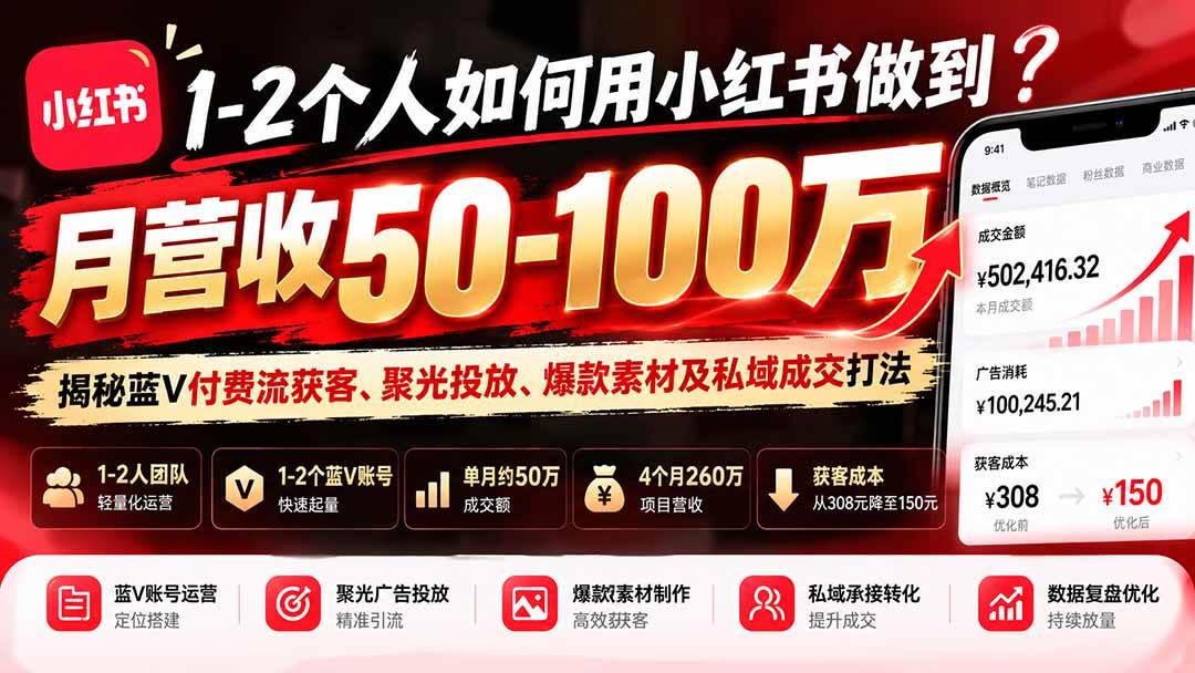 (20939期)1-2个人如何用小红书做到月营收50-100万?揭秘蓝V付费流获客、聚光投放、爆款素材及私域成交打法