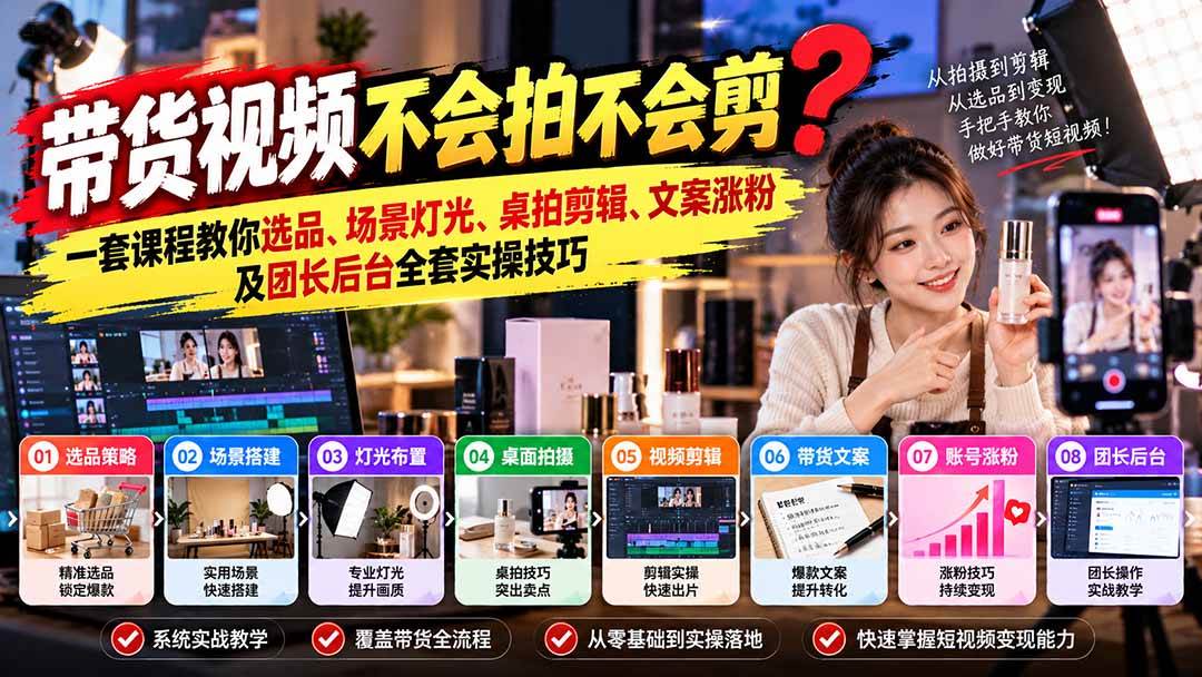(20980期)带货视频不会拍不会剪?一套课程教你选品、场景灯光、桌拍剪辑、文案涨粉及团长后台全套实操技巧 复制标题