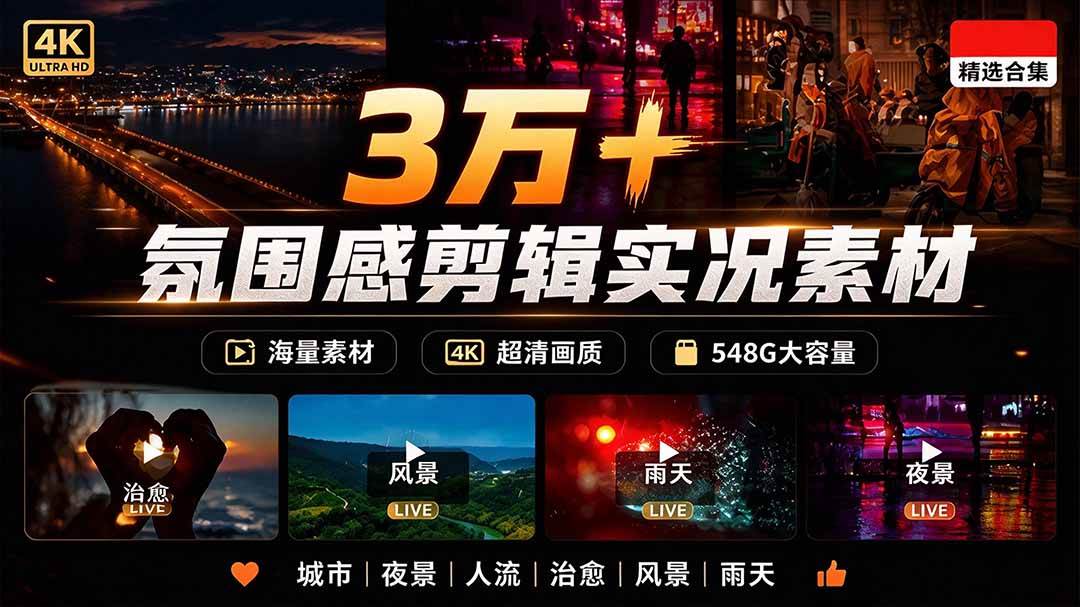 (21009期)氛围感3万+海量高清剪辑实况素材,含雨天、雪天、夜景、街道等经典场景,伤感唯美励志短视频无水印素材