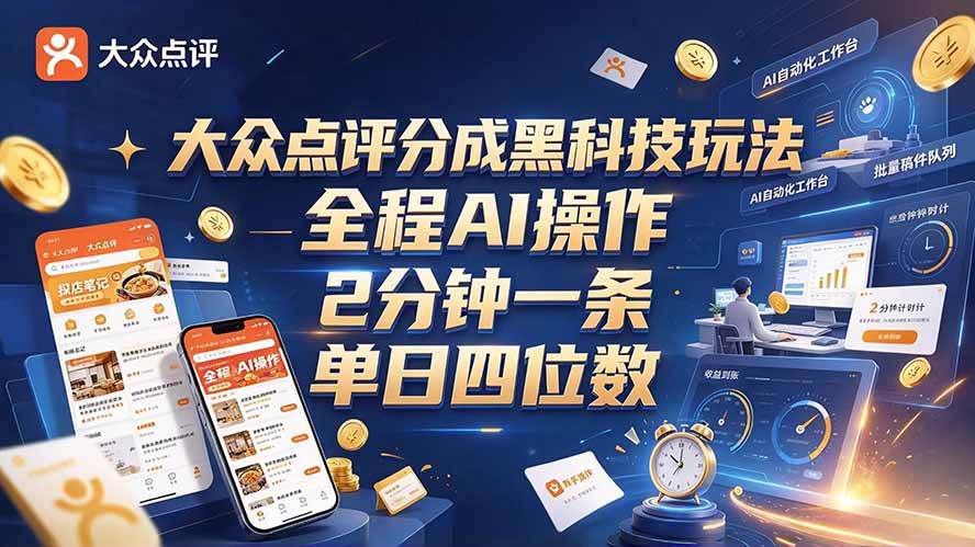 (21013期)大众点评分成全网独家玩法,AI 全自动出内容,2 分钟一条,小白可冲单日四位数
