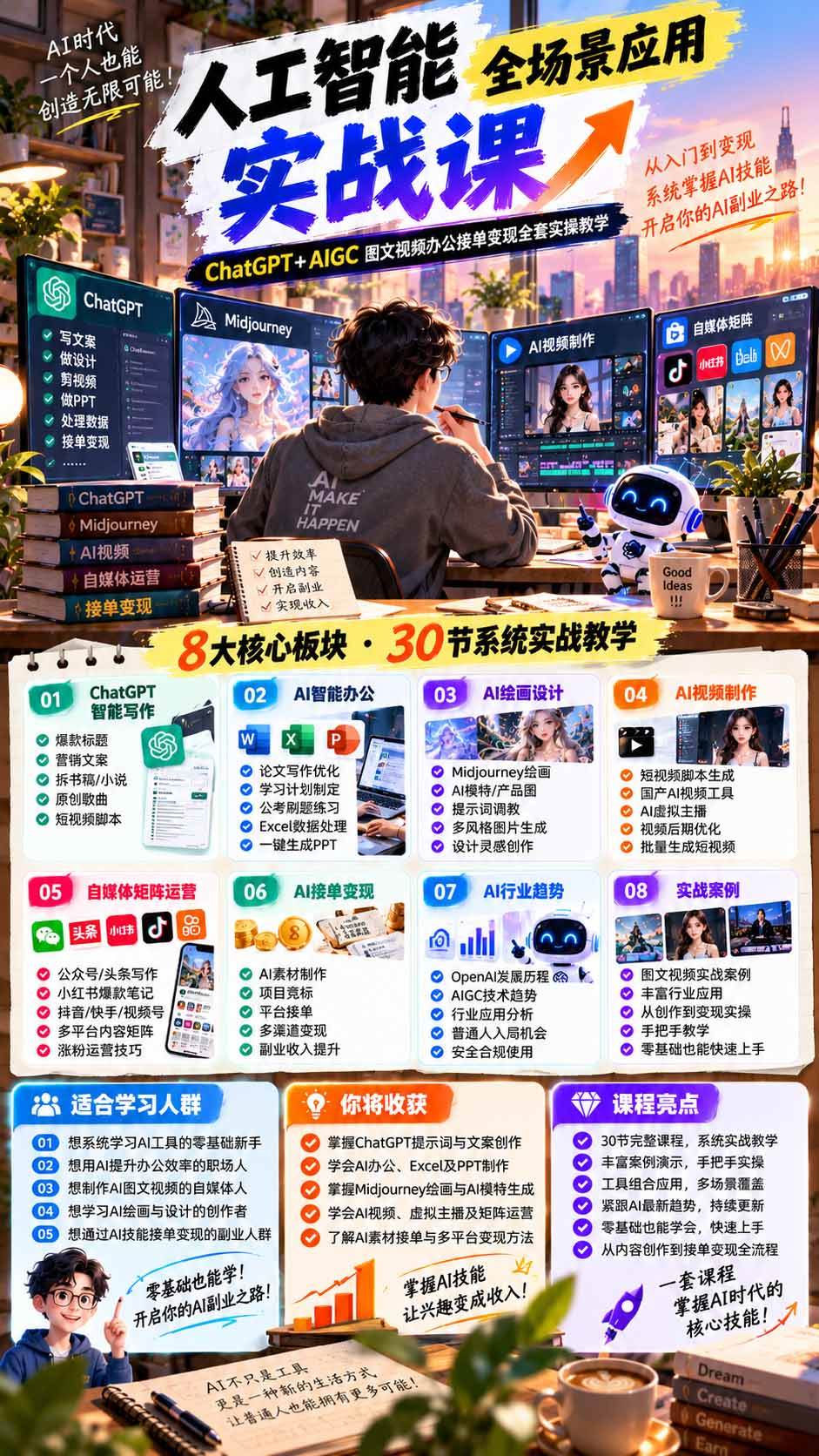 (21029期)一个人掌握AI写作设计剪辑全套技能:从ChatGPT办公、AI绘画到虚拟主播、自媒体运营及接单变现